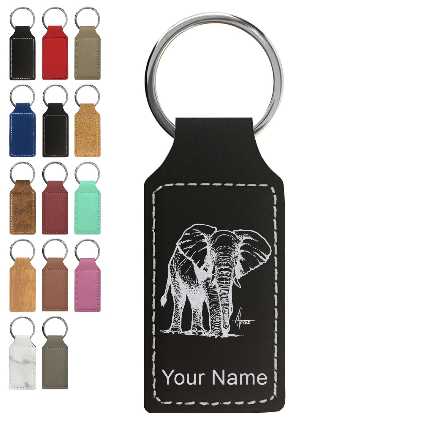 Faux Leather Rectangle Keychain, African Elephant, Personalized Engraving Included