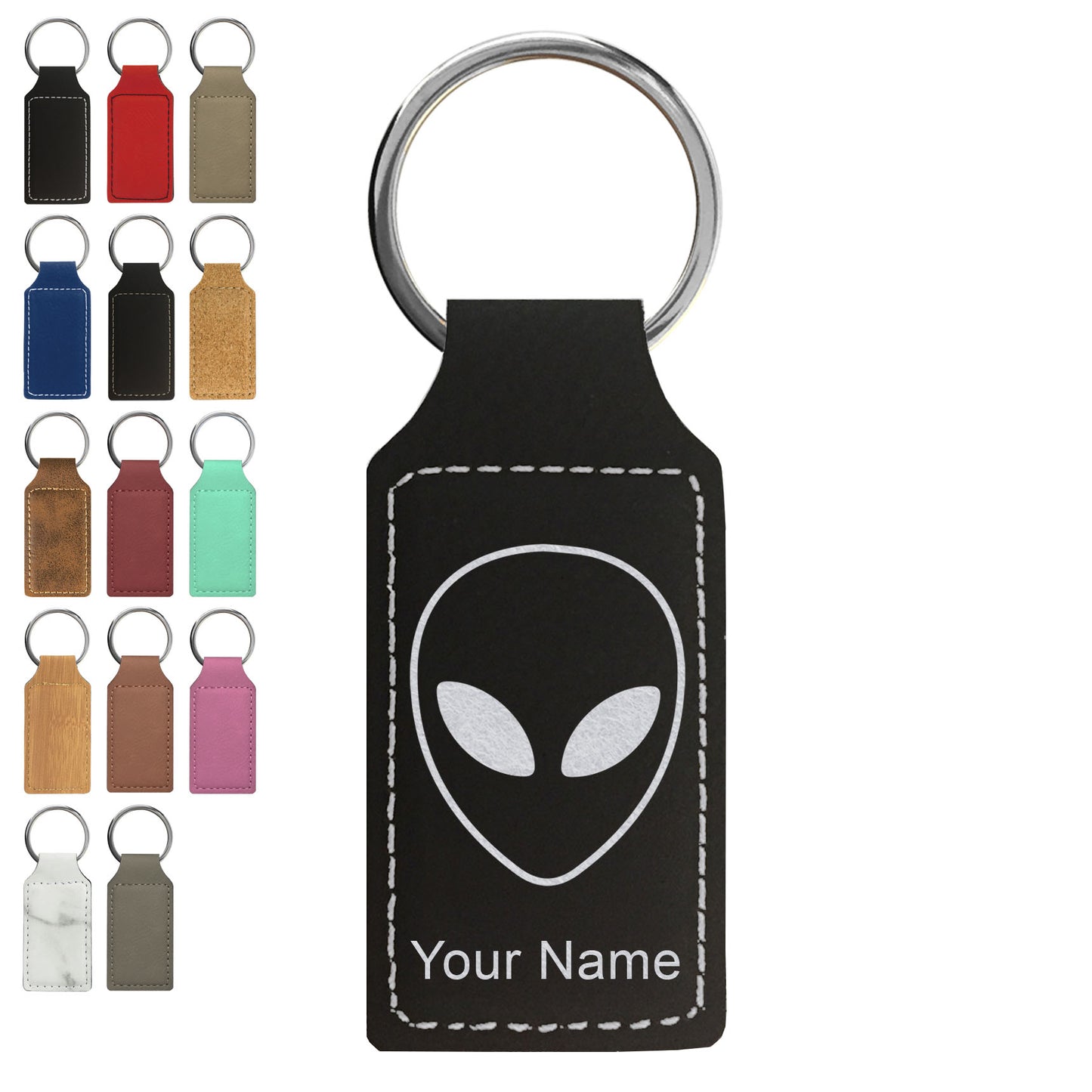 Faux Leather Rectangle Keychain, Alien Head, Personalized Engraving Included