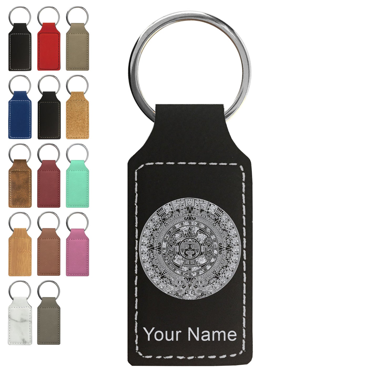 Faux Leather Rectangle Keychain, Aztec Calendar, Personalized Engraving Included