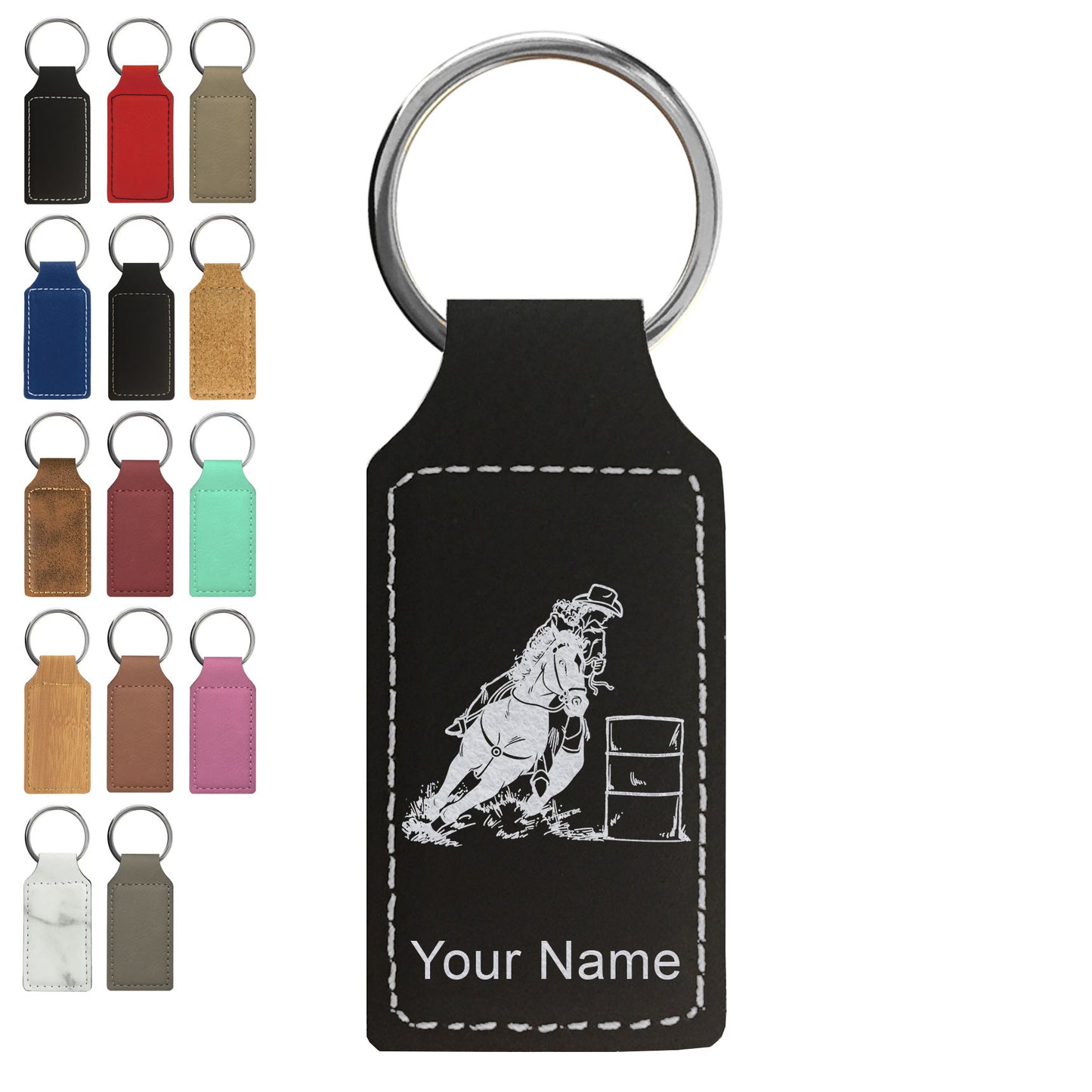 Faux Leather Rectangle Keychain, Barrel Racer, Personalized Engraving Included