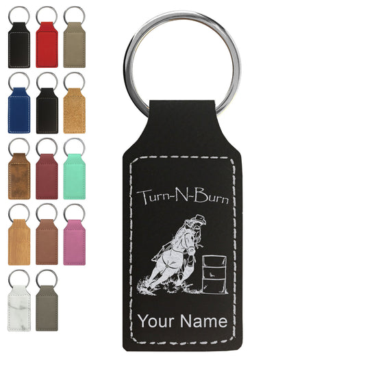 Faux Leather Rectangle Keychain, Barrel Racer Turn N Burn, Personalized Engraving Included