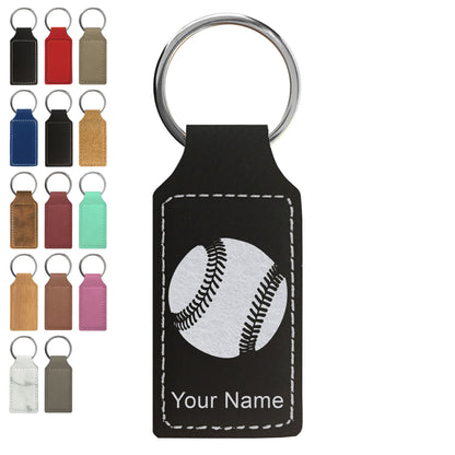 Faux Leather Rectangle Keychain, Baseball Ball, Personalized Engraving Included
