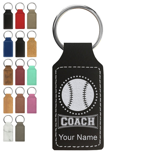 Faux Leather Rectangle Keychain, Baseball Coach, Personalized Engraving Included