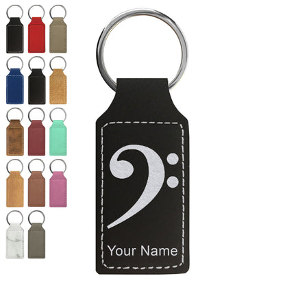 Faux Leather Rectangle Keychain, Bass Clef, Personalized Engraving Included