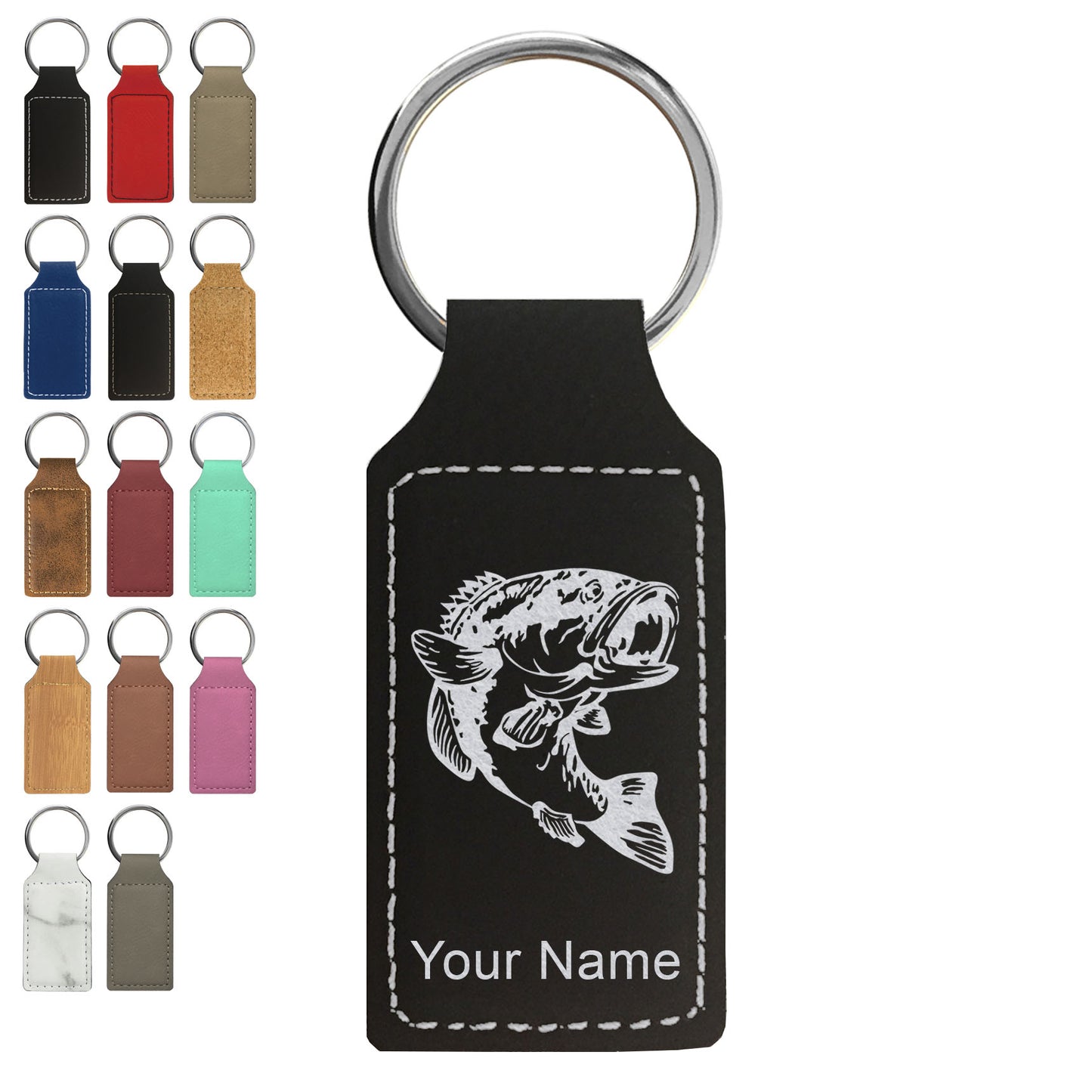 Faux Leather Rectangle Keychain, Bass Fish, Personalized Engraving Included