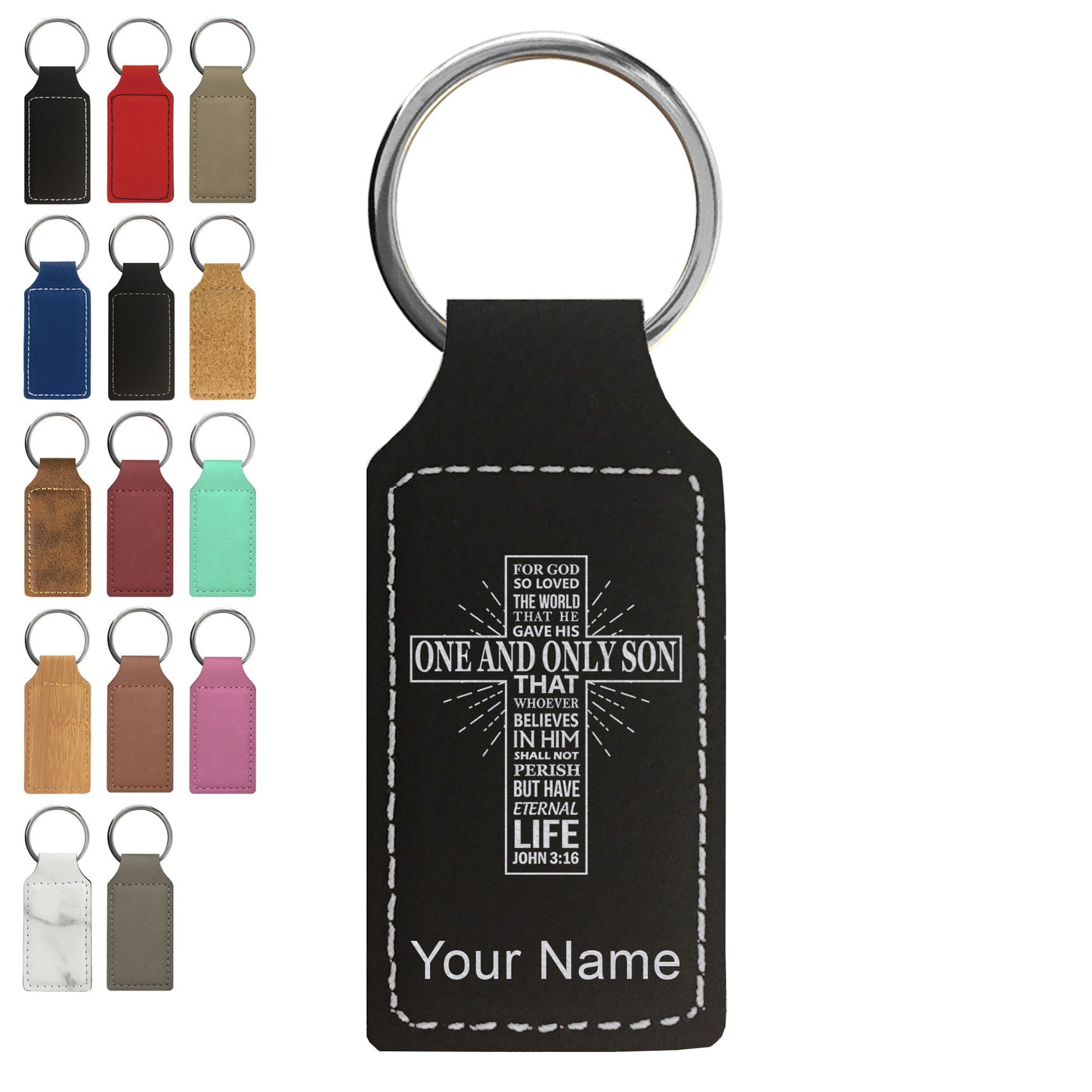 Faux Leather Rectangle Keychain, Bible Verse John 3-16, Personalized Engraving Included