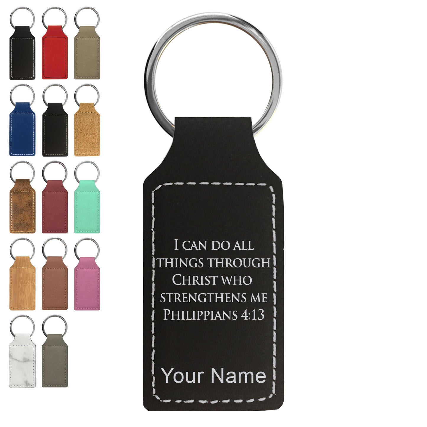 Faux Leather Rectangle Keychain, Bible Verse Philippians 4-13, Personalized Engraving Included