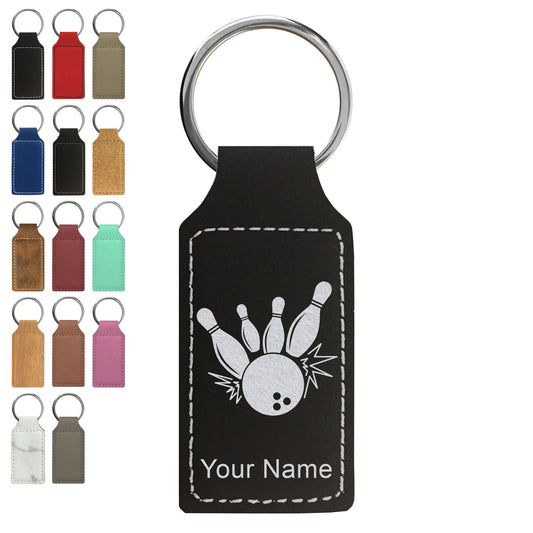 Faux Leather Rectangle Keychain, Bowling Ball and Pins, Personalized Engraving Included