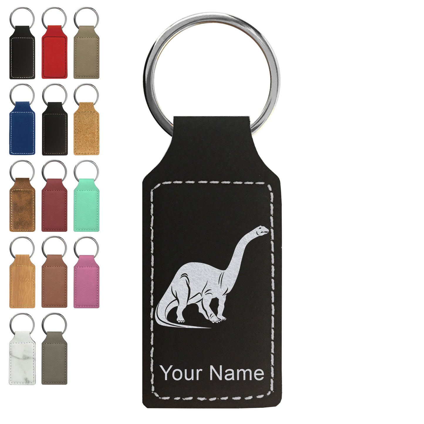 Faux Leather Rectangle Keychain, Brontosaurus Dinosaur, Personalized Engraving Included