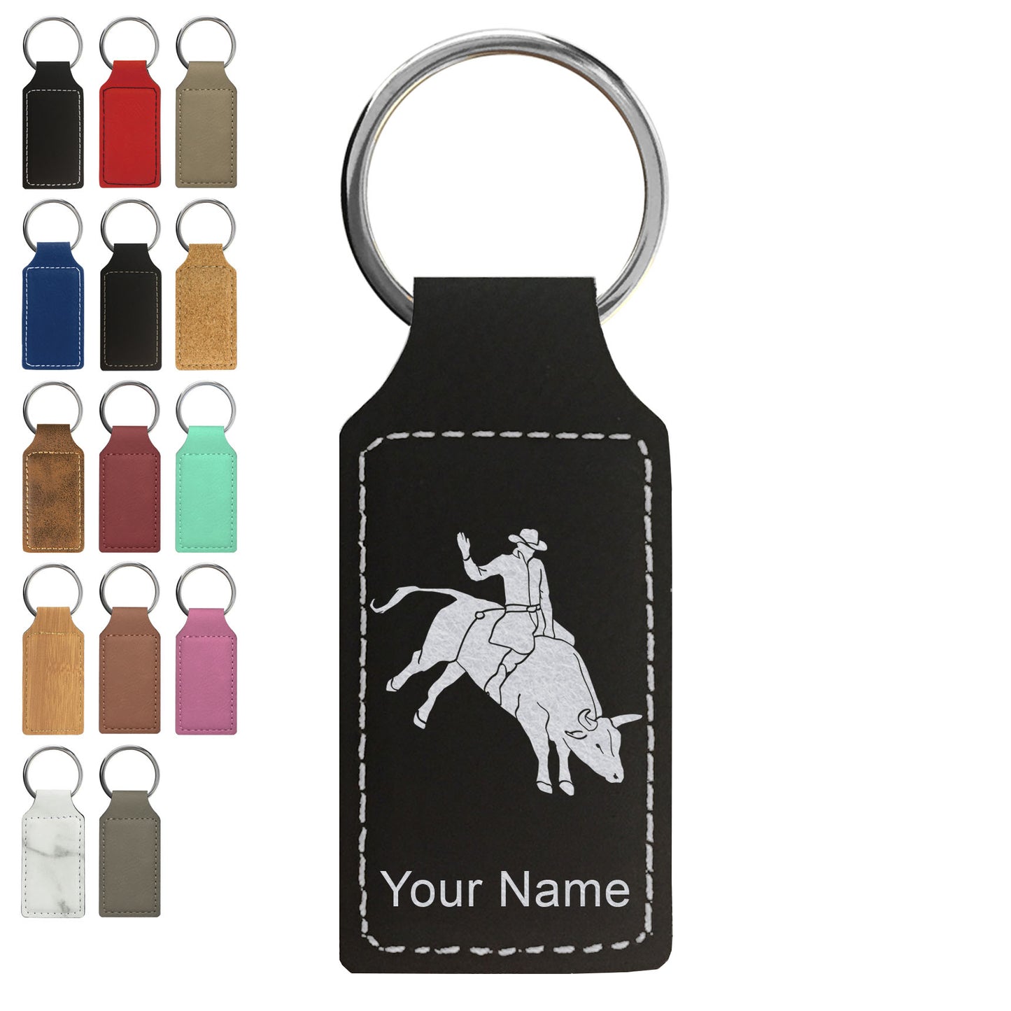 Faux Leather Rectangle Keychain, Bull Rider Cowboy, Personalized Engraving Included