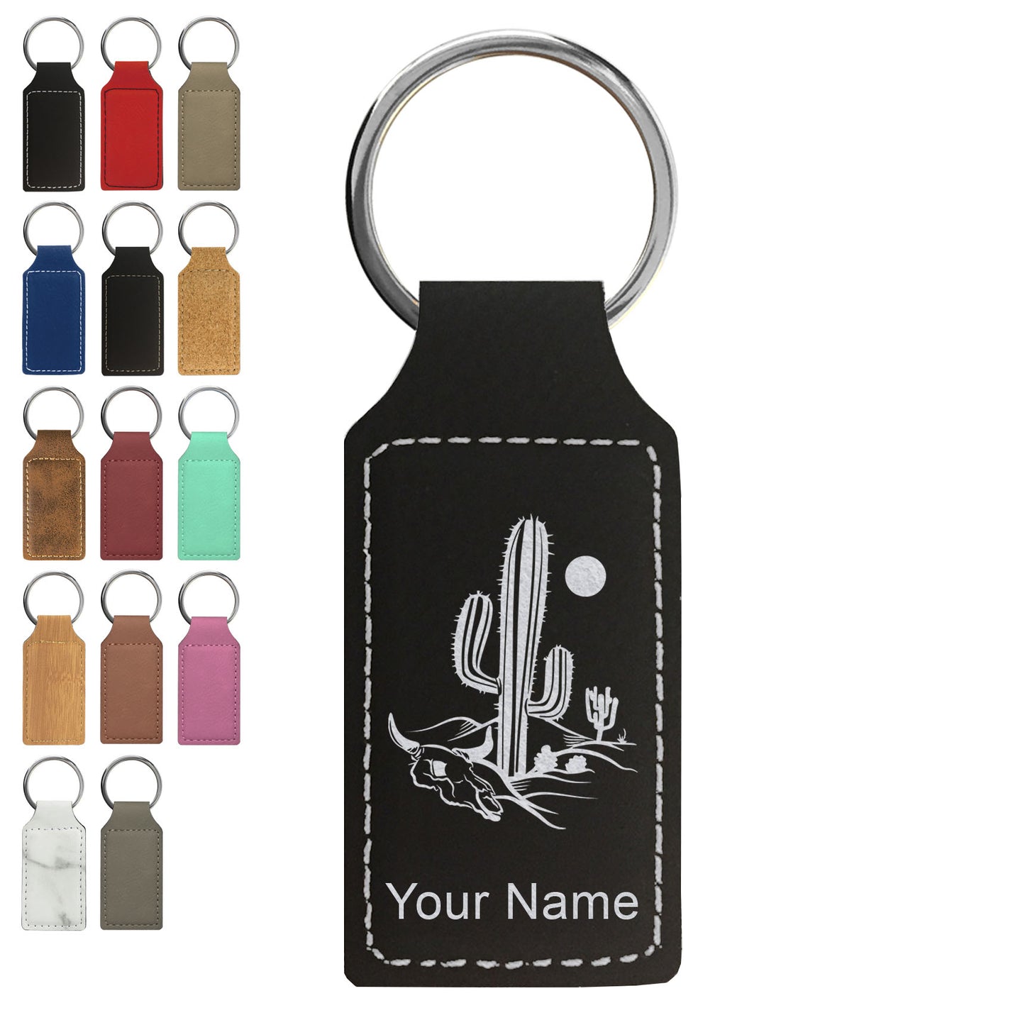 Faux Leather Rectangle Keychain, Cactus, Personalized Engraving Included