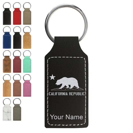 Faux Leather Rectangle Keychain, California Republic Bear Flag, Personalized Engraving Included