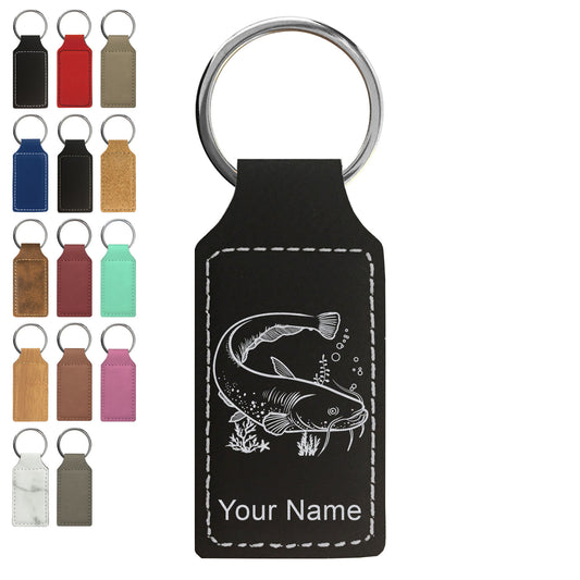 Faux Leather Rectangle Keychain, Catfish, Personalized Engraving Included