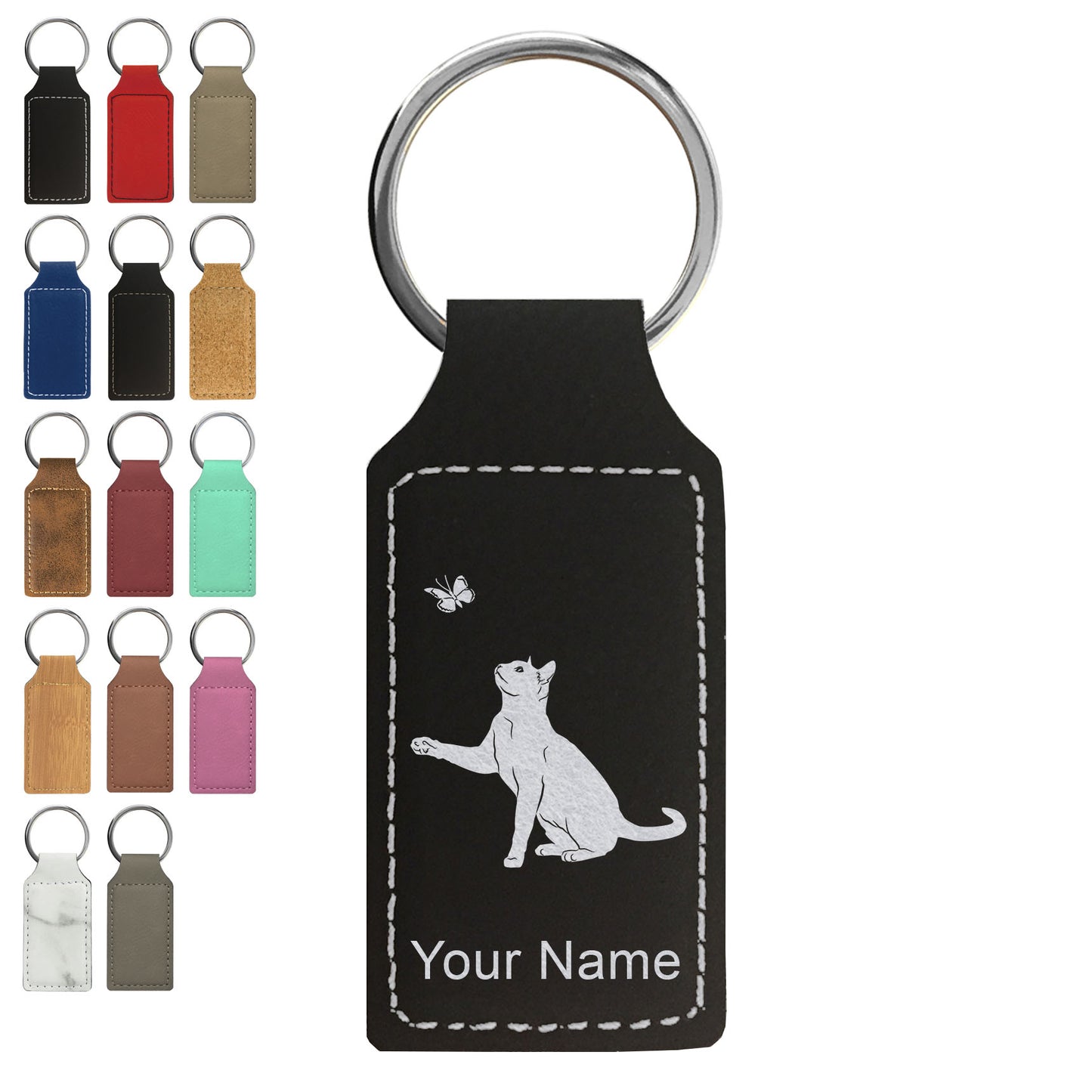 Faux Leather Rectangle Keychain, Cat with Butterfly, Personalized Engraving Included