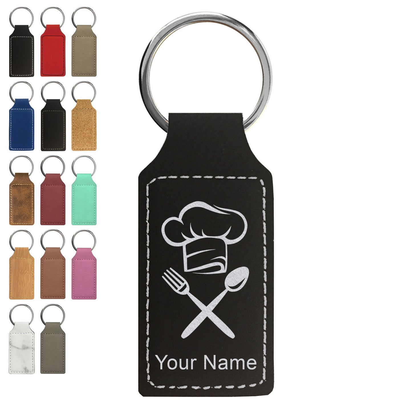 Faux Leather Rectangle Keychain, Chef Hat, Personalized Engraving Included