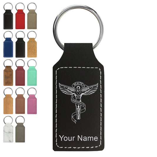 Faux Leather Rectangle Keychain, Chiropractic Symbol, Personalized Engraving Included