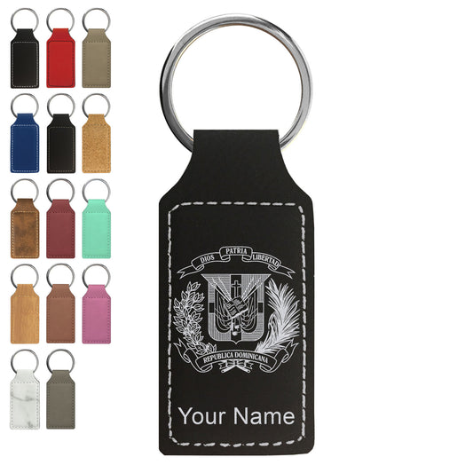 Faux Leather Rectangle Keychain, Coat of Arms Dominican Republic, Personalized Engraving Included