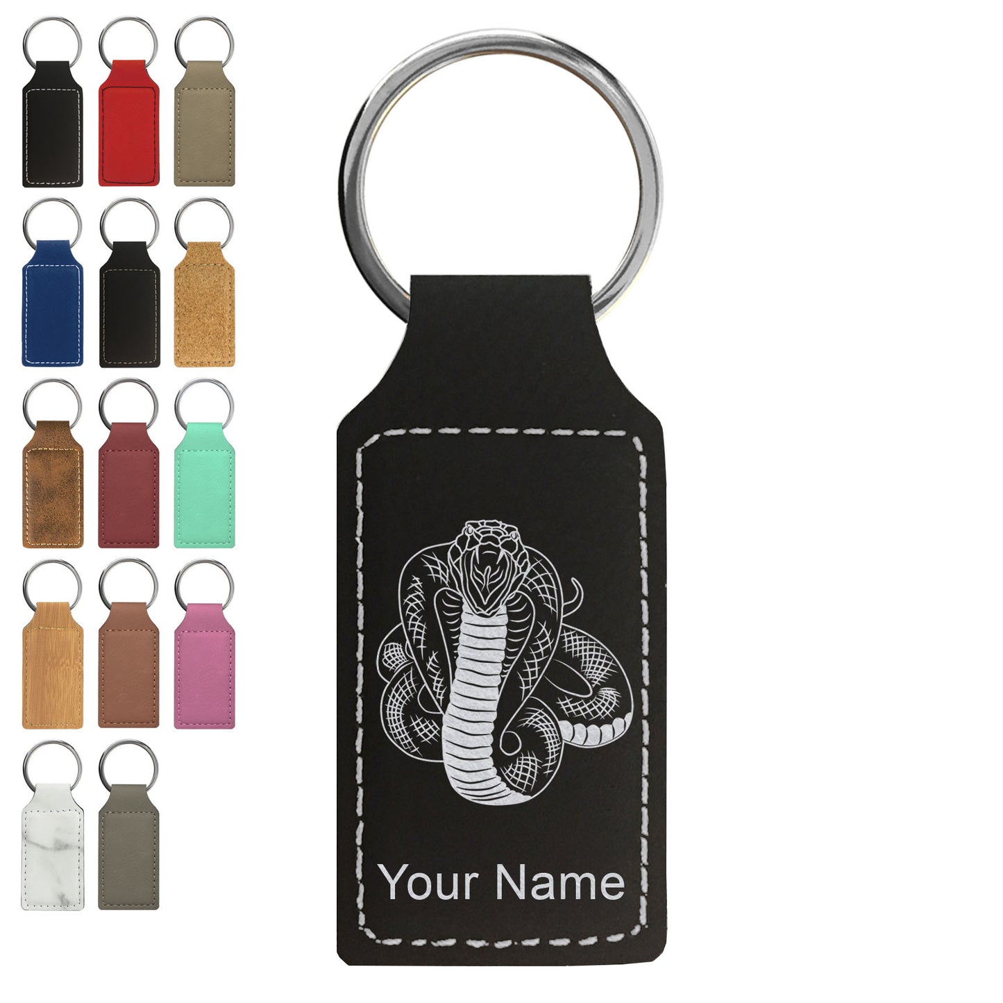 Faux Leather Rectangle Keychain, Cobra Snake, Personalized Engraving Included