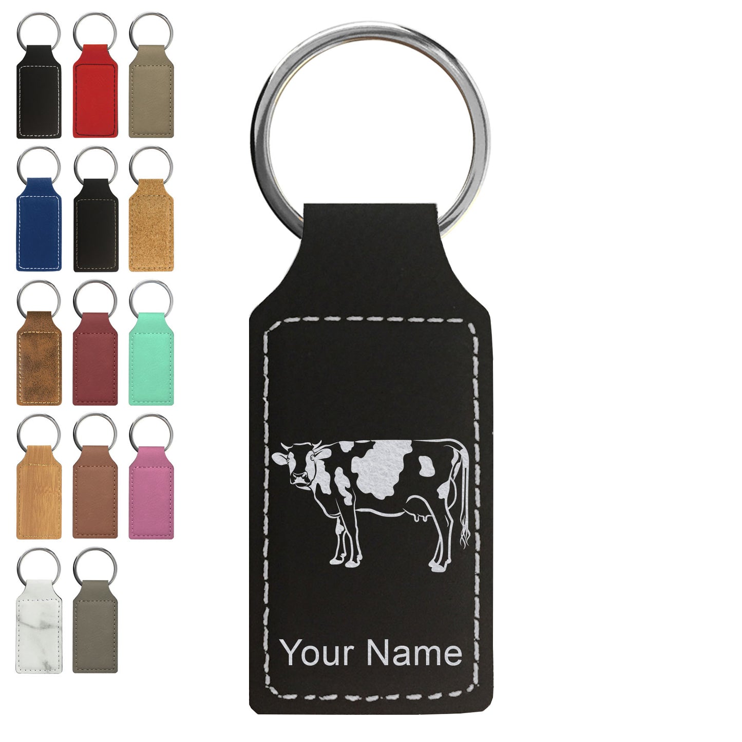 Faux Leather Rectangle Keychain, Cow, Personalized Engraving Included