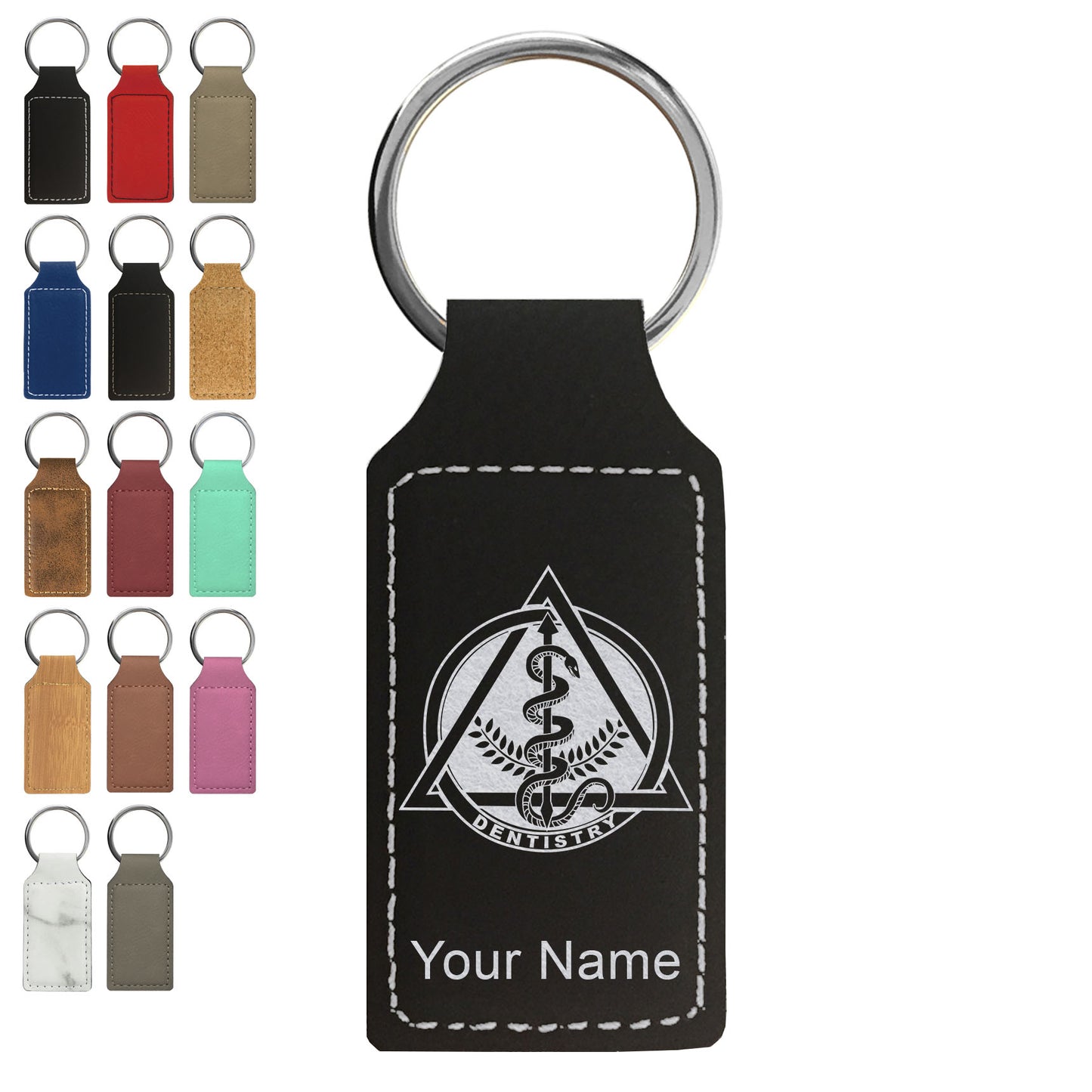 Faux Leather Rectangle Keychain, Dentist Symbol, Personalized Engraving Included