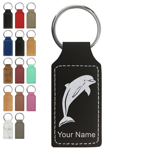 Faux Leather Rectangle Keychain, Dolphin, Personalized Engraving Included