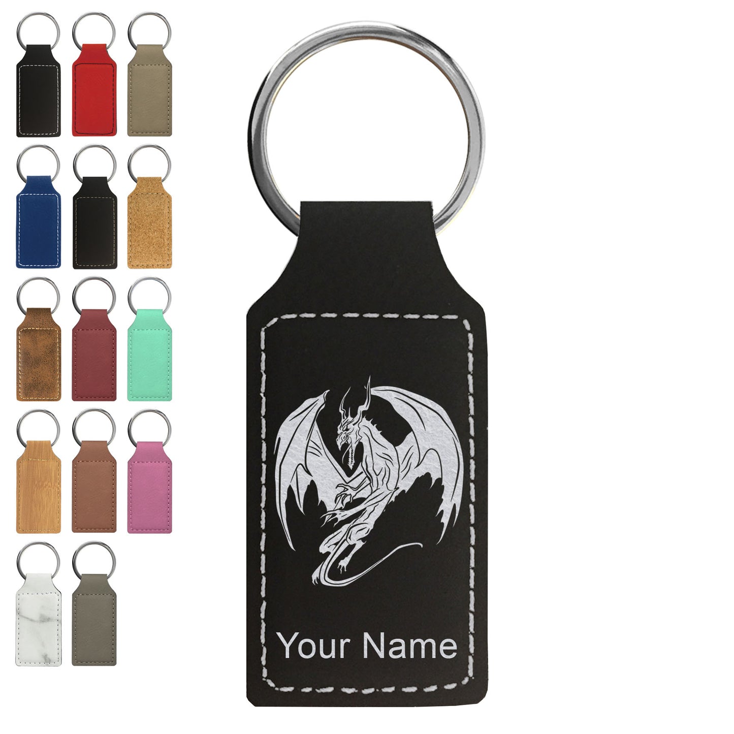 Faux Leather Rectangle Keychain, Dragon, Personalized Engraving Included