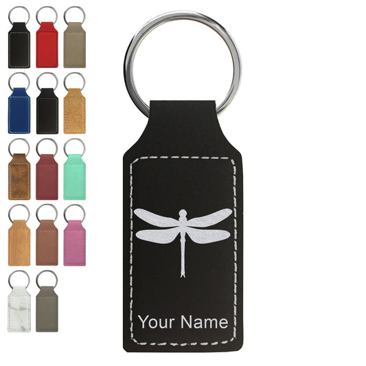 Faux Leather Rectangle Keychain, Dragonfly, Personalized Engraving Included