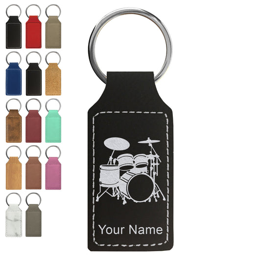 Faux Leather Rectangle Keychain, Drum Set, Personalized Engraving Included