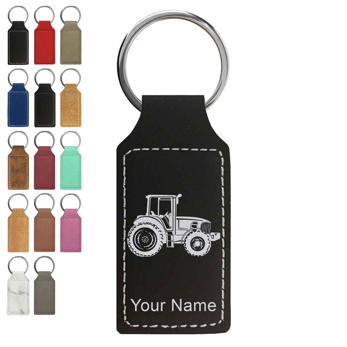Faux Leather Rectangle Keychain, Farm Tractor, Personalized Engraving Included