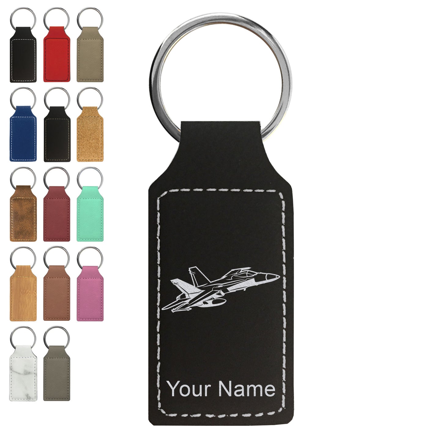 Faux Leather Rectangle Keychain, Fighter Jet 2, Personalized Engraving Included