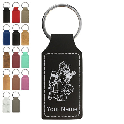 Faux Leather Rectangle Keychain, Fireman with Hose, Personalized Engraving Included