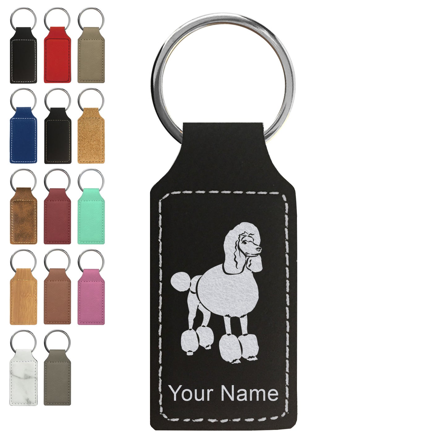Faux Leather Rectangle Keychain, French Poodle Dog, Personalized Engraving Included