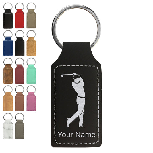 Faux Leather Rectangle Keychain, Golfer Golfing, Personalized Engraving Included