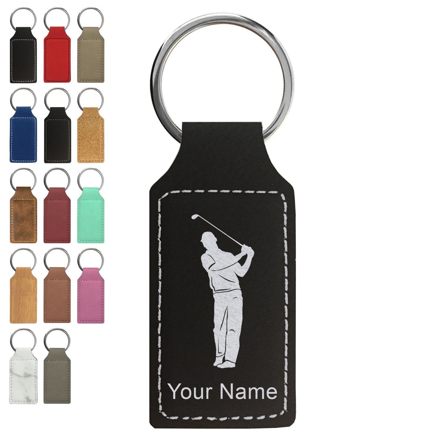 Faux Leather Rectangle Keychain, Golfer, Personalized Engraving Included