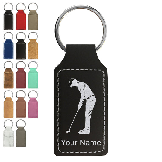 Faux Leather Rectangle Keychain, Golfer Putting, Personalized Engraving Included