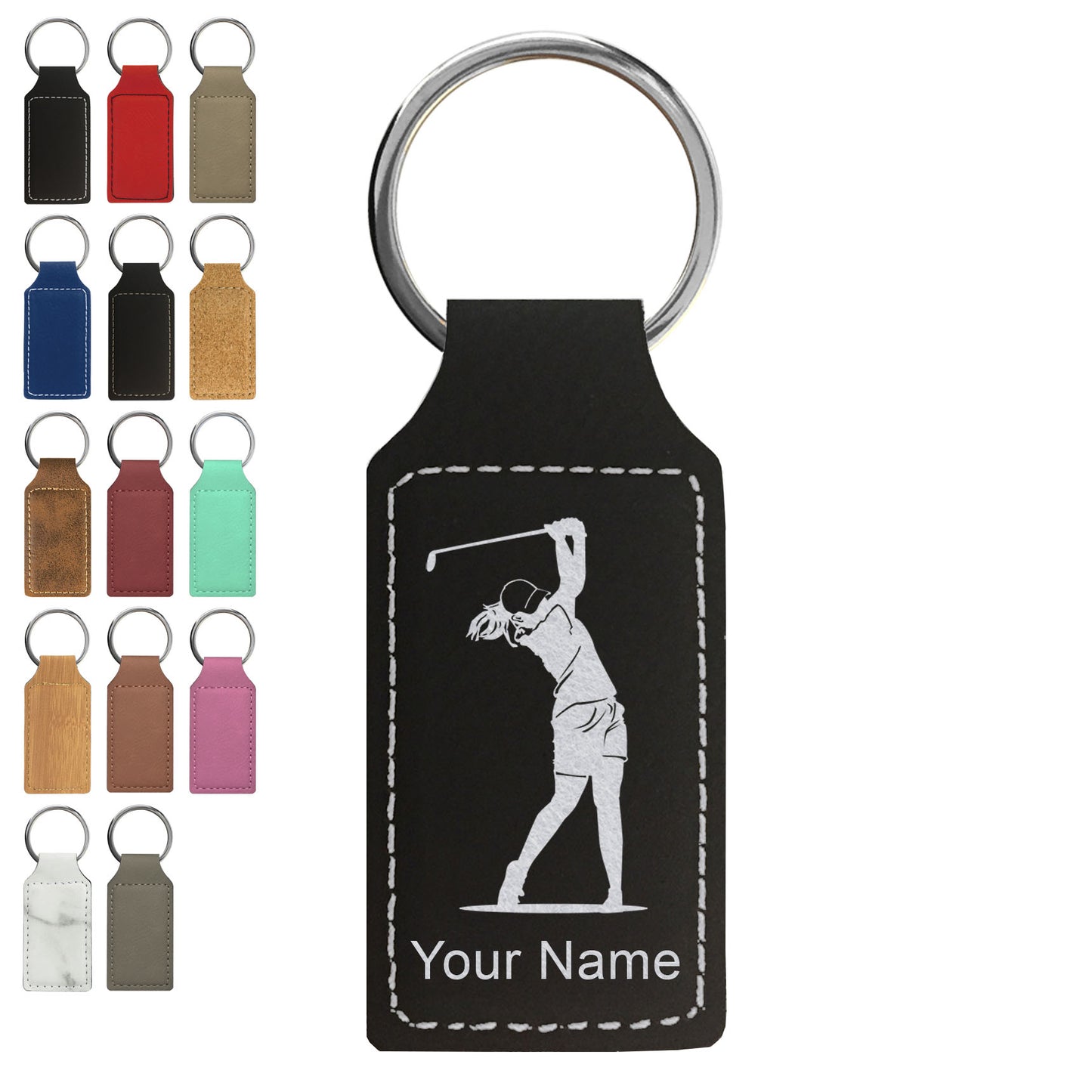 Faux Leather Rectangle Keychain, Golfer Woman, Personalized Engraving Included