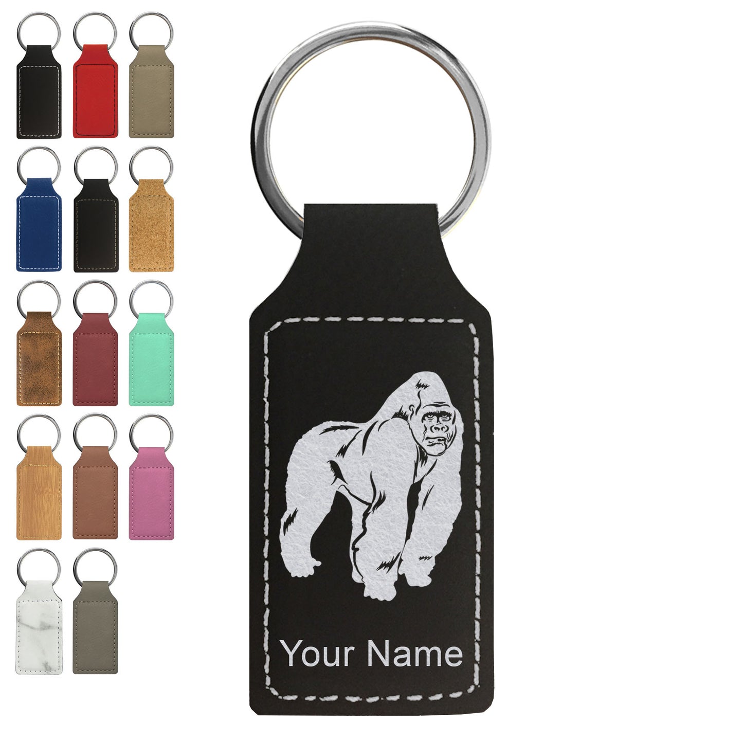 Faux Leather Rectangle Keychain, Gorilla, Personalized Engraving Included
