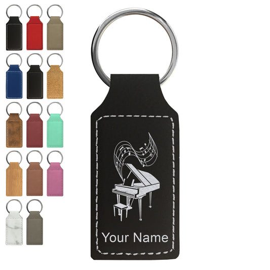 Faux Leather Rectangle Keychain, Grand Piano, Personalized Engraving Included