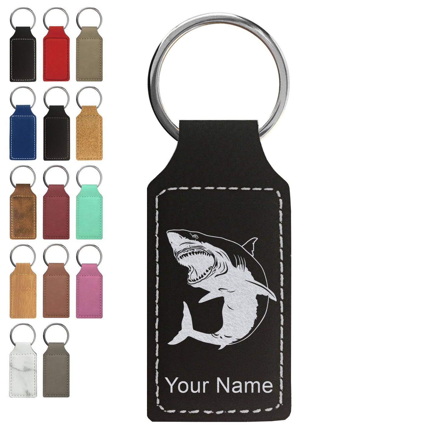 Faux Leather Rectangle Keychain, Great White Shark, Personalized Engraving Included