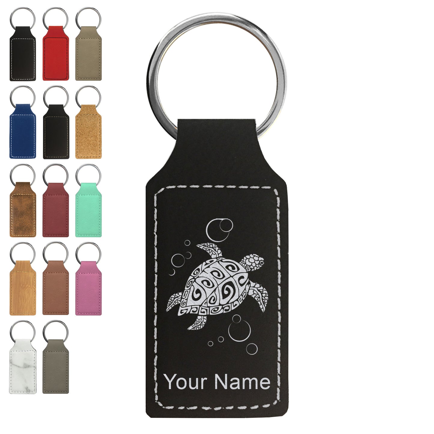 Faux Leather Rectangle Keychain, Hawaiian Sea Turtle, Personalized Engraving Included