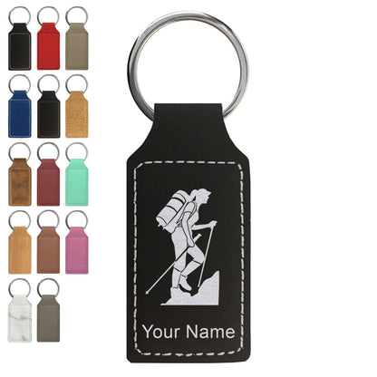 Faux Leather Rectangle Keychain, Hiker Woman, Personalized Engraving Included