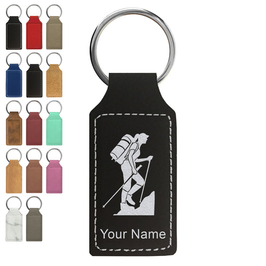 Faux Leather Rectangle Keychain, Hiker Woman, Personalized Engraving Included