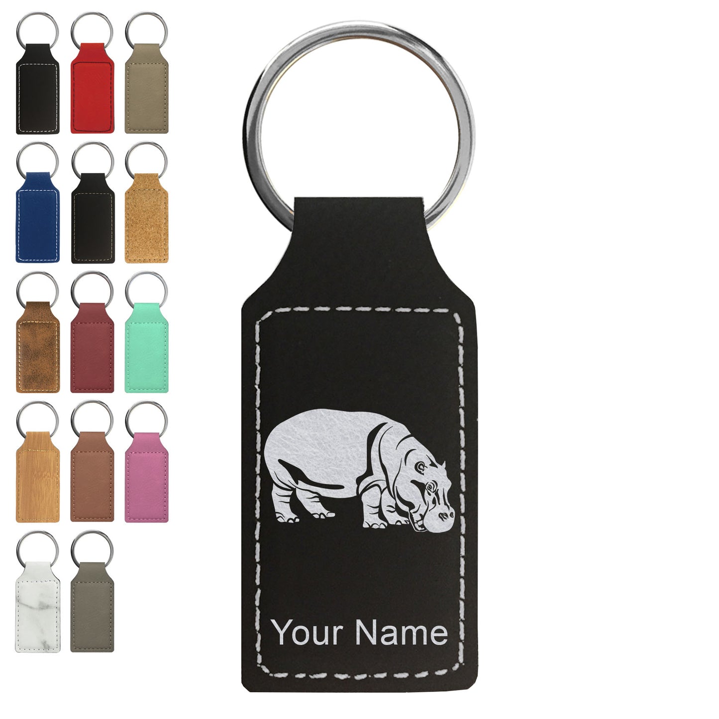 Faux Leather Rectangle Keychain, Hippopotamus, Personalized Engraving Included