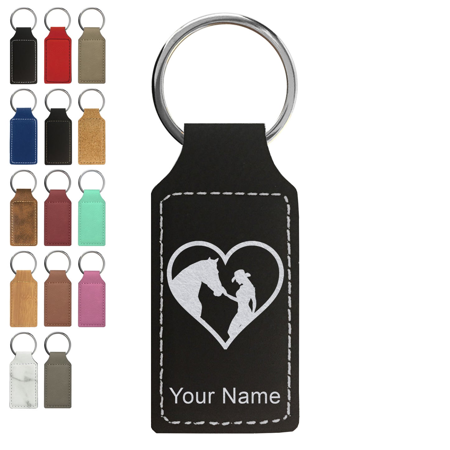 Faux Leather Rectangle Keychain, Horse Cowgirl Heart, Personalized Engraving Included