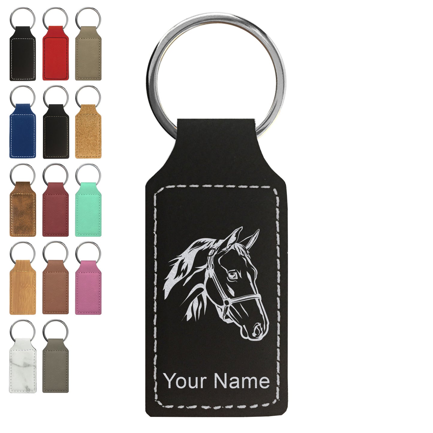 Faux Leather Rectangle Keychain, Horse Head 2, Personalized Engraving Included