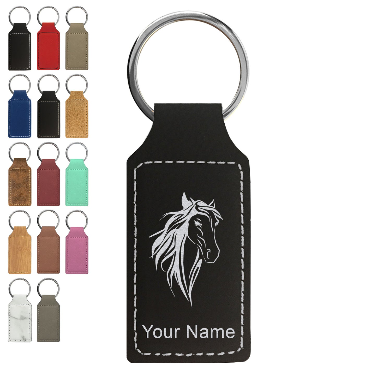 Faux Leather Rectangle Keychain, Horse Head 3, Personalized Engraving Included