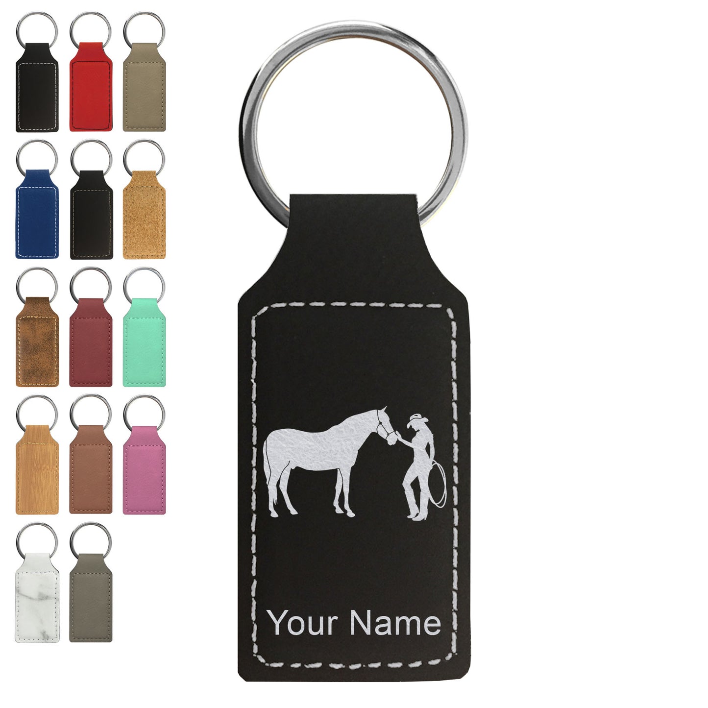 Faux Leather Rectangle Keychain, Horse and Cowgirl, Personalized Engraving Included