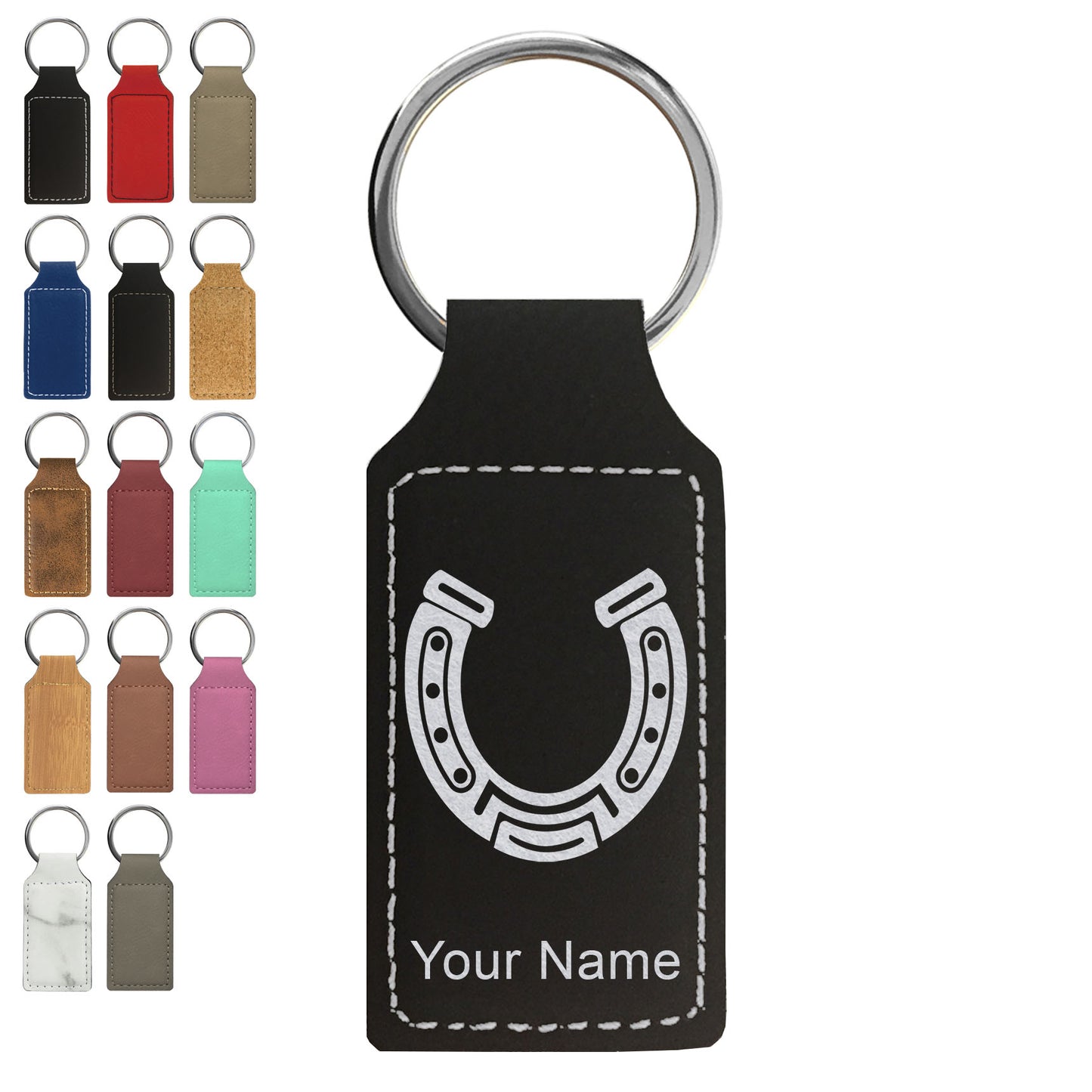 Faux Leather Rectangle Keychain, Horseshoe with Horse, Personalized Engraving Included