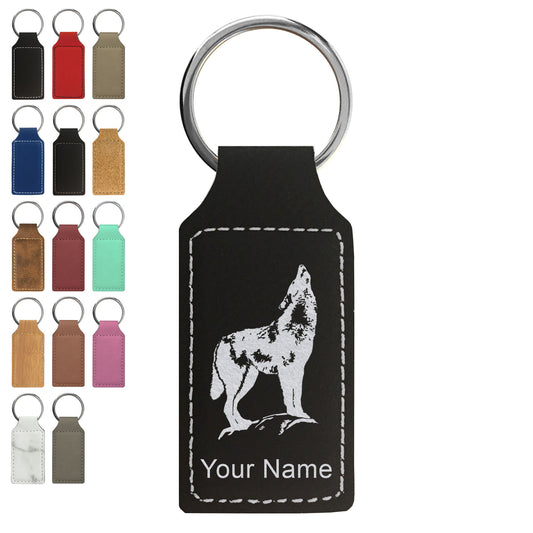 Faux Leather Rectangle Keychain, Howling Wolf, Personalized Engraving Included