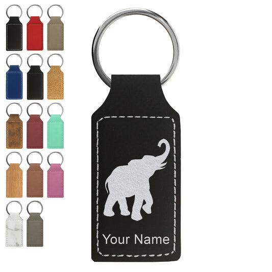 Faux Leather Rectangle Keychain, Indian Elephant, Personalized Engraving Included